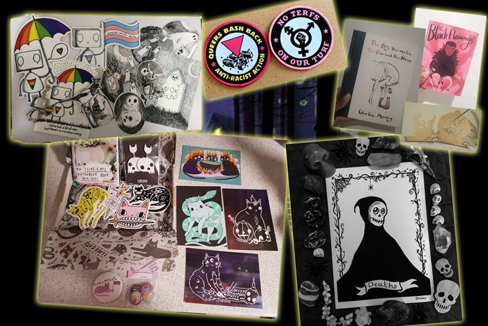 Prizes for raffle - bundles of queer and spooky prints, badges, postcards, earrings, books, patches, stickers etc.