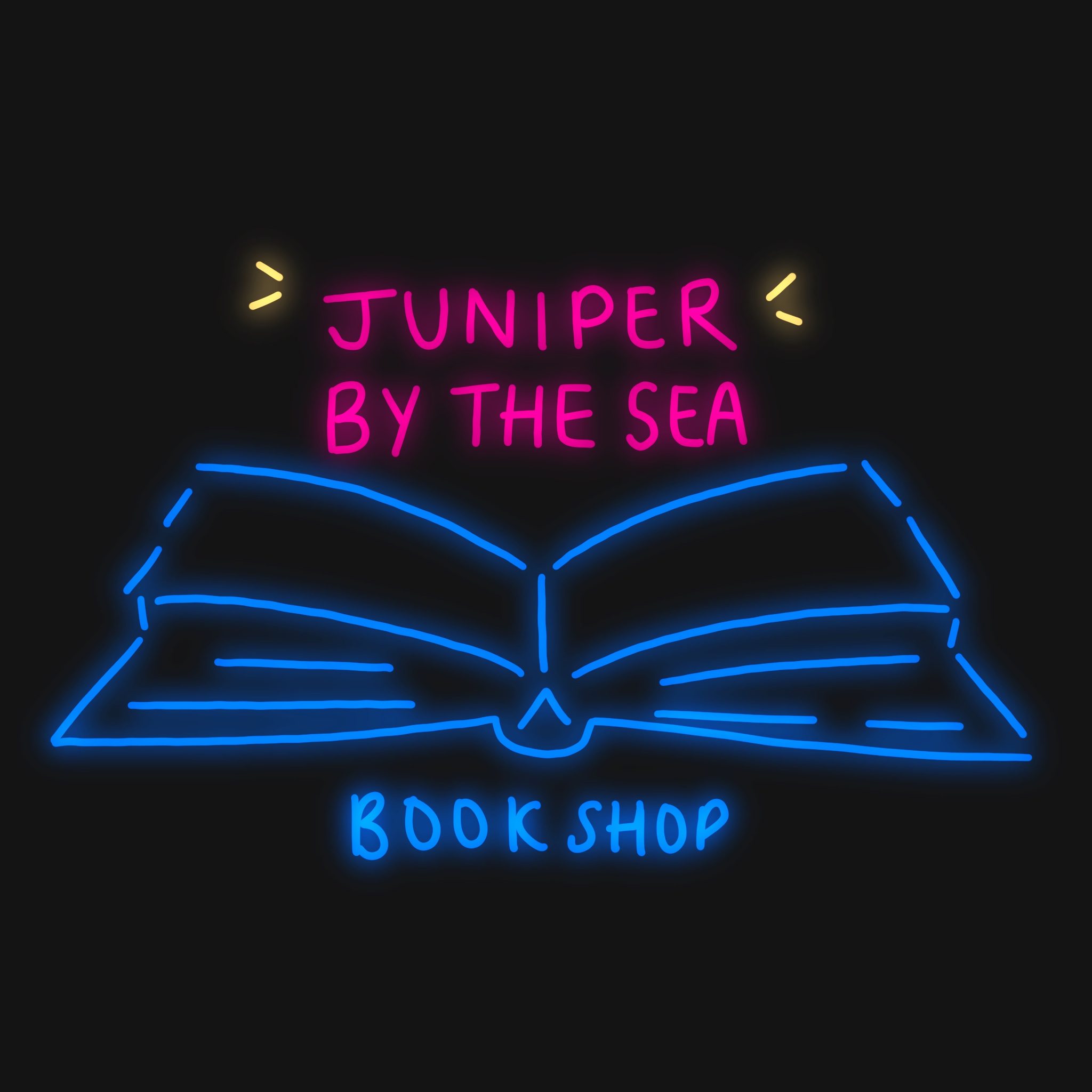 JUNIPER BY THE SEA BOOKSHOP - neon lighting sign with an open book between "by the sea" and "bookshop".