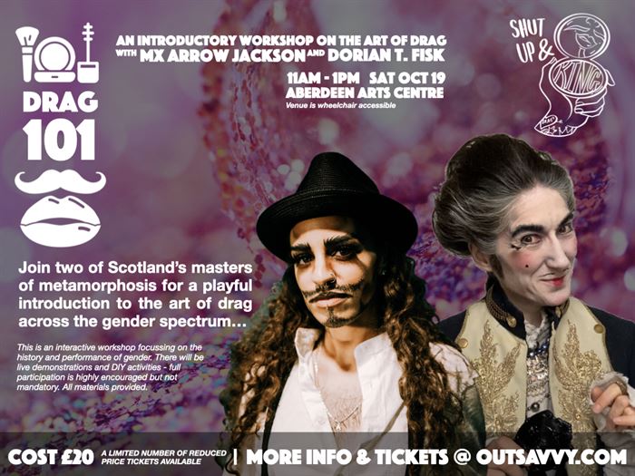 Image description: Promo poster for the Drag 101 workshop with text in white font providing the key details mentioned above. Drag artists Mx Arrow Jackson and Dorian T. Fisk are dressed in elaborate costumes with striking makeup against a background of pink glitter spilled everywhere because … drag!  Arrow on the left wears a large hat and has long wavy brown hair and painted facial, white shirt unbuttoned and chest hair showing, while Dorian on the right has elegant Dandy face paint and wears period-style clothing. 